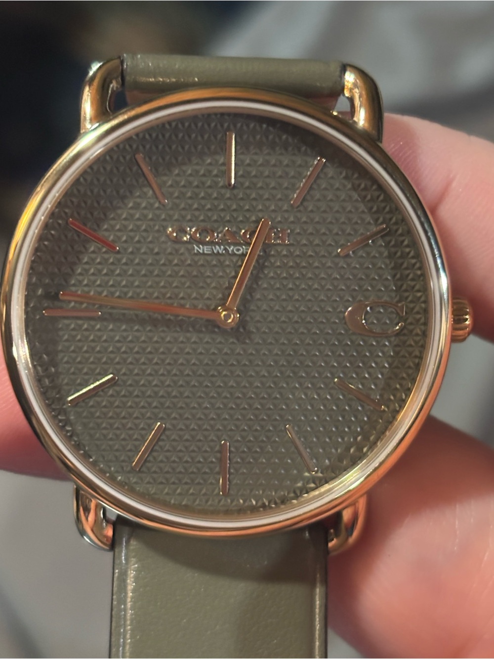 Coach Men's Olive Dial Leather Strap Watch with Rose Gold Accents